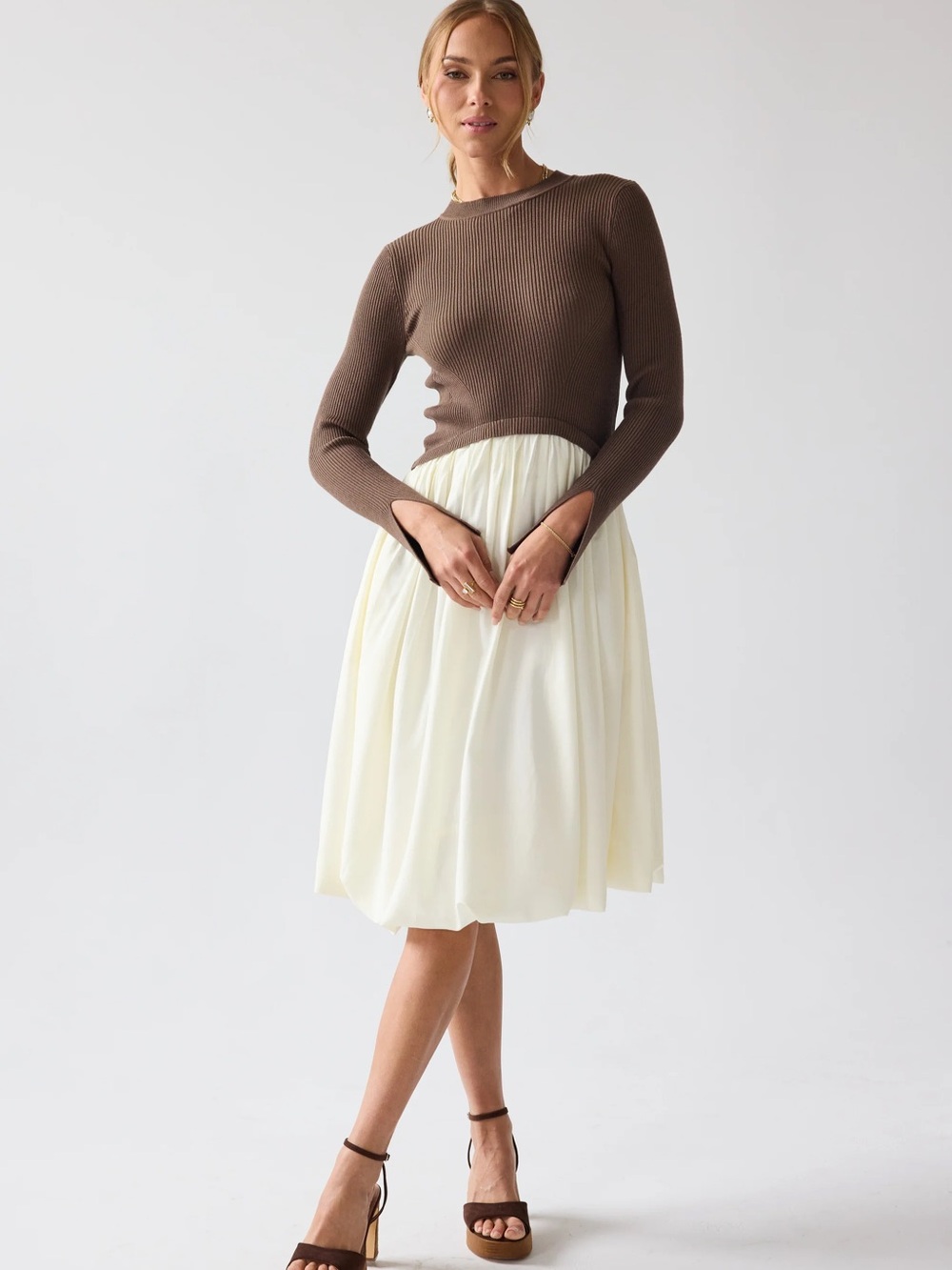 Bohme Kaison Mixed Media NWT Size Med Brown Cream Ribbed Sweater Midi Dress
